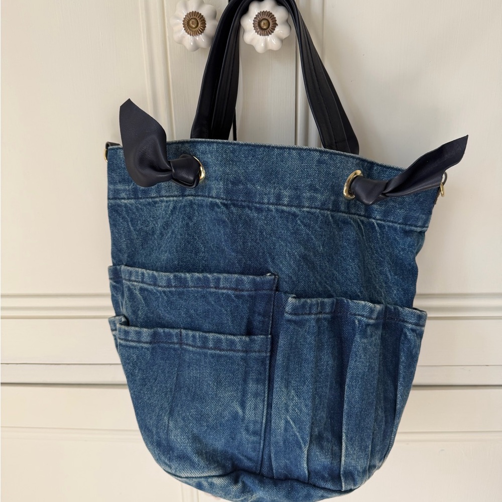 Clare V. Denim Tote with Leather Handles